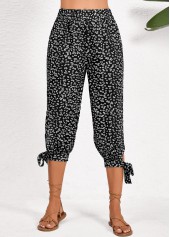 Ditsy Floral Print Split Black Jogger Elastic Waist Pants