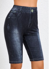 Denim Blue Elastic Waist High Waisted Skinny Shorts