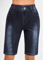 Denim Blue Elastic Waist High Waisted Skinny Shorts