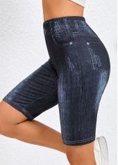 Denim Blue Elastic Waist High Waisted Skinny Shorts