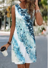 Ombre Light Blue Short Sleeveless Round Neck Shift Dress