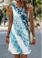 Ombre Light Blue Short Sleeveless Round Neck Shift Dress