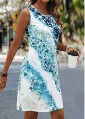 Ombre Light Blue Short Sleeveless Round Neck Shift Dress