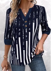 Striped Patchwork Navy 3/4 Sleeve Split Neck Blouse