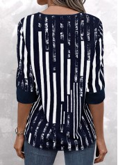Striped Patchwork Navy 3/4 Sleeve Split Neck Blouse