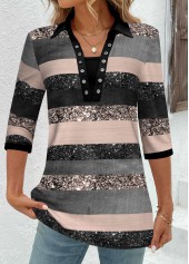 Striped Grommet Multi Color Half Sleeve Shirt Collar Blouse