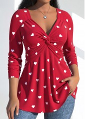 Plus Size Red Twist Heart Print T Shirt