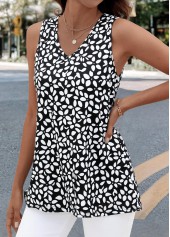 Geometric Print Black Sleeveless V Neck Tank Top