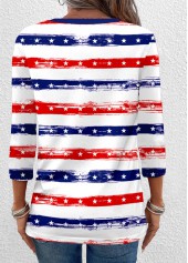 Striped Button Navy 3/4 Sleeve V Neck T Shirt