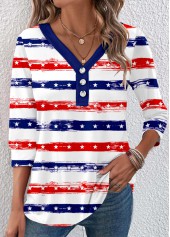 Striped Button Navy 3/4 Sleeve V Neck T Shirt