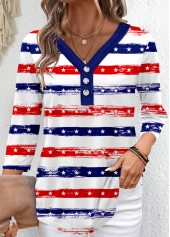 Striped Button Navy 3/4 Sleeve V Neck T Shirt