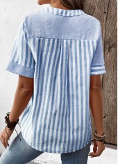 Striped Patchwork Light Blue Short Sleeve Split Neck Blouse
