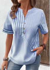 Striped Patchwork Light Blue Short Sleeve Split Neck Blouse