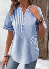 Striped Patchwork Light Blue Short Sleeve Split Neck Blouse