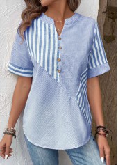 Striped Patchwork Light Blue Short Sleeve Split Neck Blouse