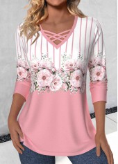 Floral Print Criss Cross Pink Long Sleeve T Shirt
