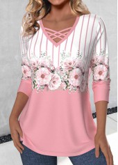 Floral Print Criss Cross Pink Long Sleeve T Shirt