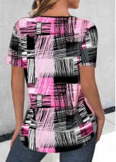 Geometric Print Lace Up Hot Pink T Shirt