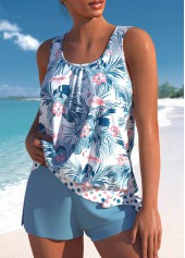 Floral Print Patchwork Dusty Blue Tankini Set