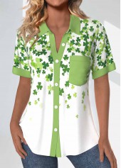 Saint Patrick's Day Print Patchwork Avocado Green Blouse