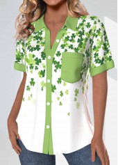 Saint Patrick's Day Print Patchwork Avocado Green Blouse