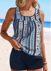 Zebra Stripe Print Patchwork Navy Tankini Set