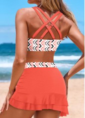 Geometric Print Ruched Coral Bikini Set