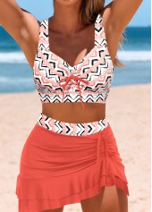 Geometric Print Ruched Coral Bikini Set