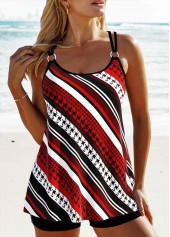 Striped Circular Ring Red Tankini Set