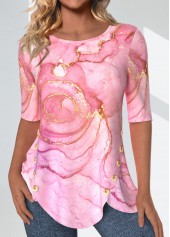 Marble Print Split Pink Half Sleeve T Shirt