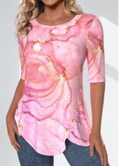 Marble Print Split Pink Half Sleeve T Shirt