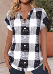 Plaid Button Black Short Sleeve V Neck Blouse