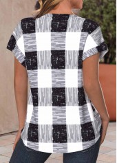 Plaid Button Black Short Sleeve V Neck Blouse