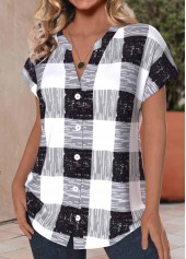 Plaid Button Black Short Sleeve V Neck Blouse