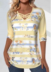Striped Patchwork Light Yellow 3/4 Sleeve T Shirt