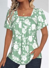 Floral Print Tuck Stitch Sage Green T Shirt