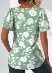 Floral Print Tuck Stitch Sage Green T Shirt