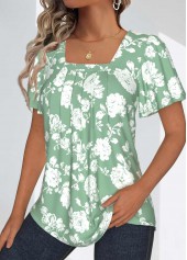 Floral Print Tuck Stitch Sage Green T Shirt