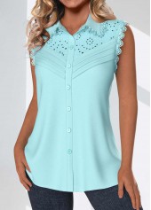 Tuck Stitch Light Blue Sleeveless Shirt Collar Tank Top