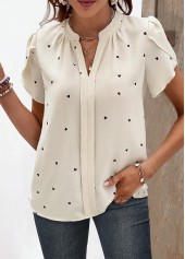 Heart Print Ruched Beige Short Sleeve Split Neck Blouse