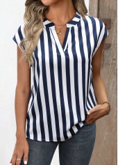Striped Split Navy Short Sleeve Blouse