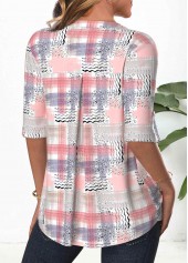 Geometric Print Button Light Pink 3/4 Sleeve Blouse