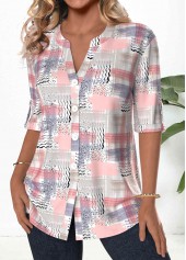 Geometric Print Button Light Pink 3/4 Sleeve Blouse