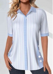 Striped Patchwork Light Blue Half Sleeve Shirt Collar Blouse