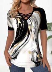 Marble Print Criss Cross Black Short Sleeve T Shirt