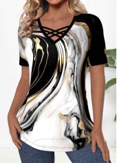 Marble Print Criss Cross Black Short Sleeve T Shirt