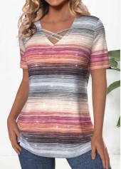 Striped Criss Cross Multi Color Short Sleeve T Shirt
