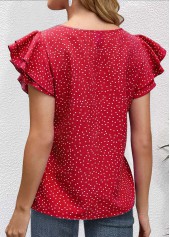 Polka Dot Cut Out Red Short Sleeve Blouse
