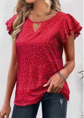 Polka Dot Cut Out Red Short Sleeve Blouse