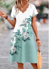 Floral Print Scalloped Hem Sage Green A Line Dress